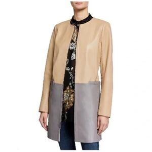 Neiman Marcus Tan & Gray Colorblock Soft Leather Collarless Zip Up Long Jacket